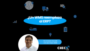 Diagrama que muestra integración entre ERP, CheckWMS y almacén, destacando flujo de órdenes y datos en tiempo real.