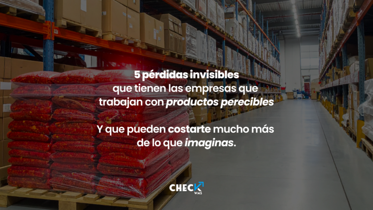 Bodega con productos perecibles organizada en cinco áreas que representan pérdidas invisibles: vencimientos, errores de picking, falta de trazabilidad, dependencia de personas e inventario inmóvil.